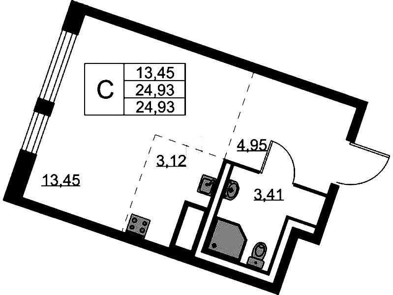 Квартира студия 24.93 м², 2/11 эт., ЖК «Квартал Лаголово»